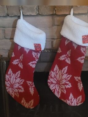 Holiday Poinsettia Red Christmas Stocking with White Fleece Cuff, Set Of 2